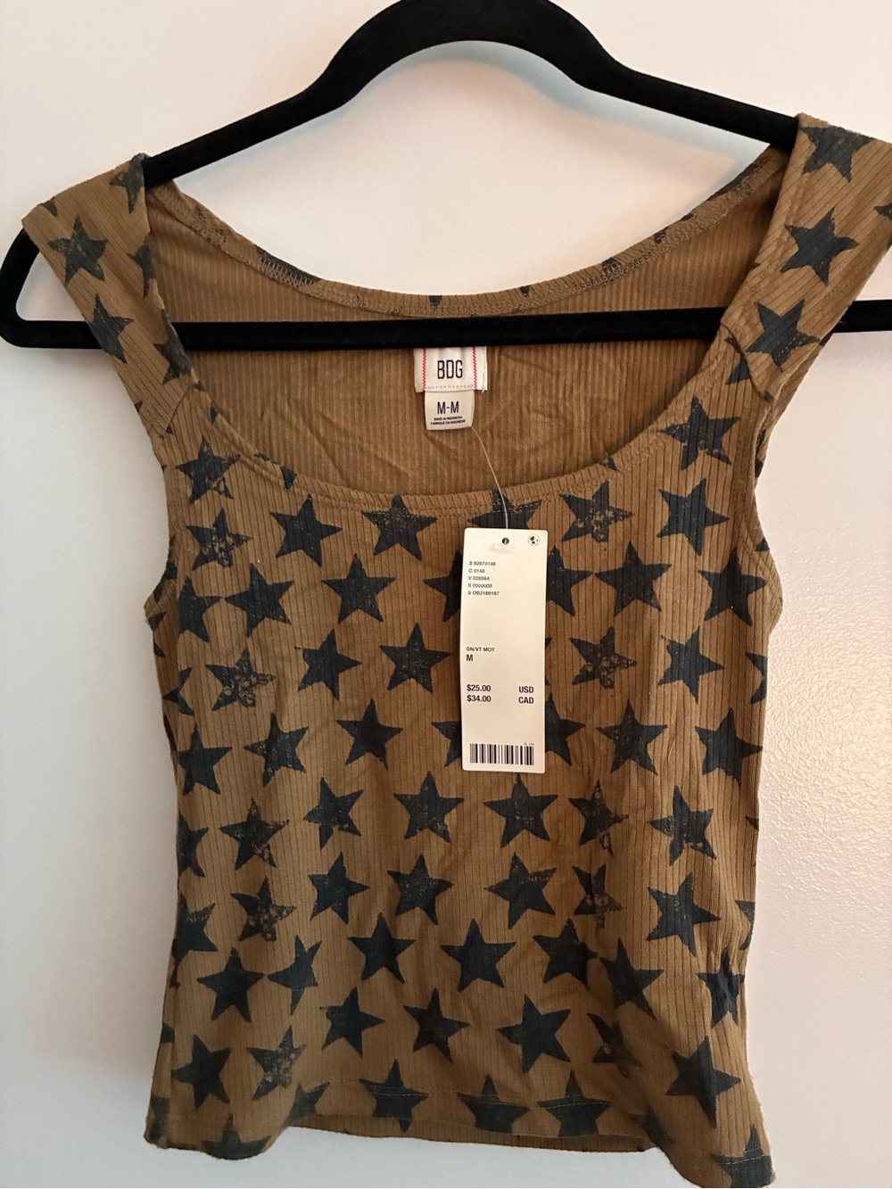BDG Tan Ribbed Tank with Black Star Print